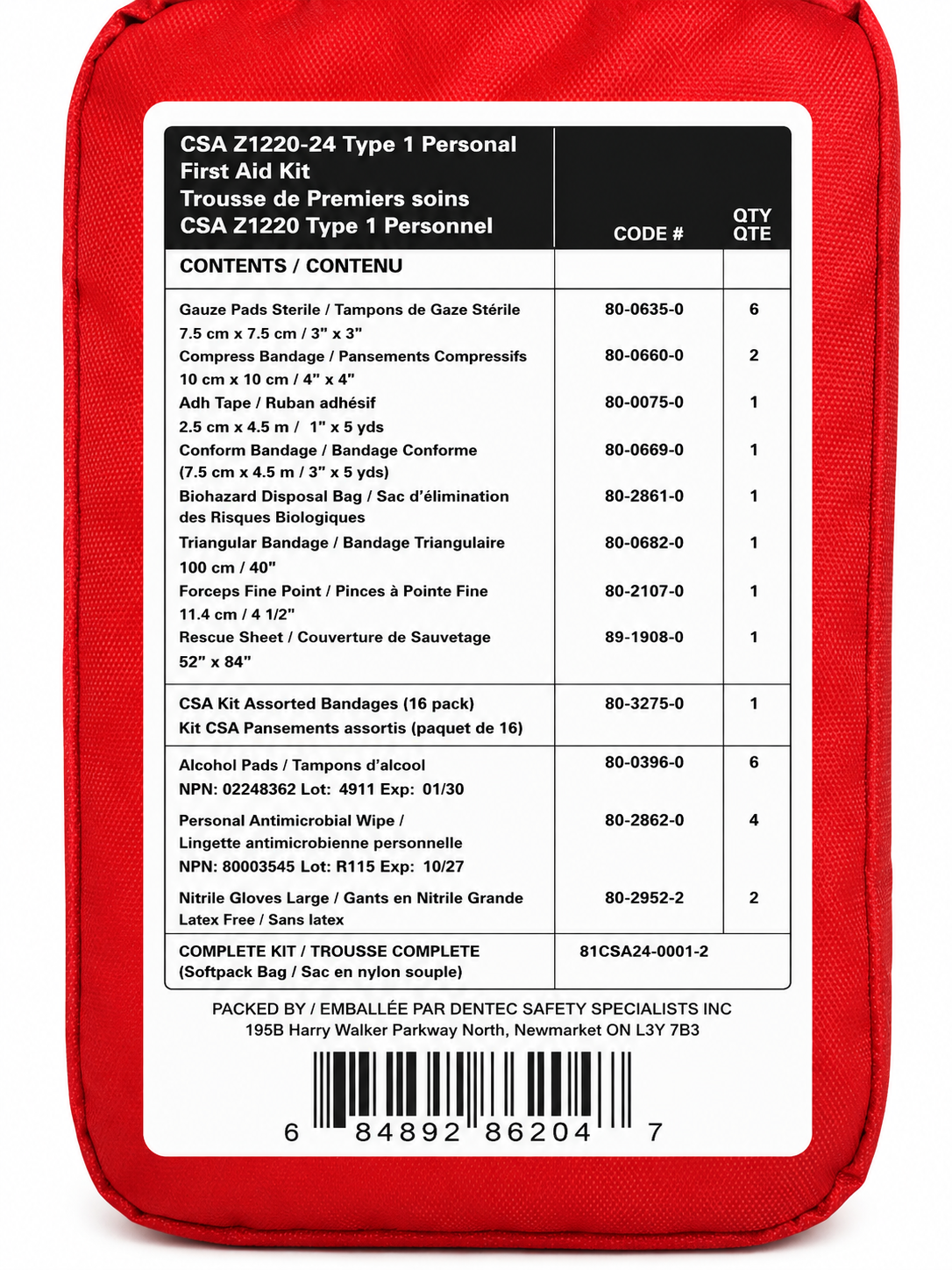 CSA Z1220-24 Type 1 Personal First Aid Kit, 1 Worker, Quebec and NS