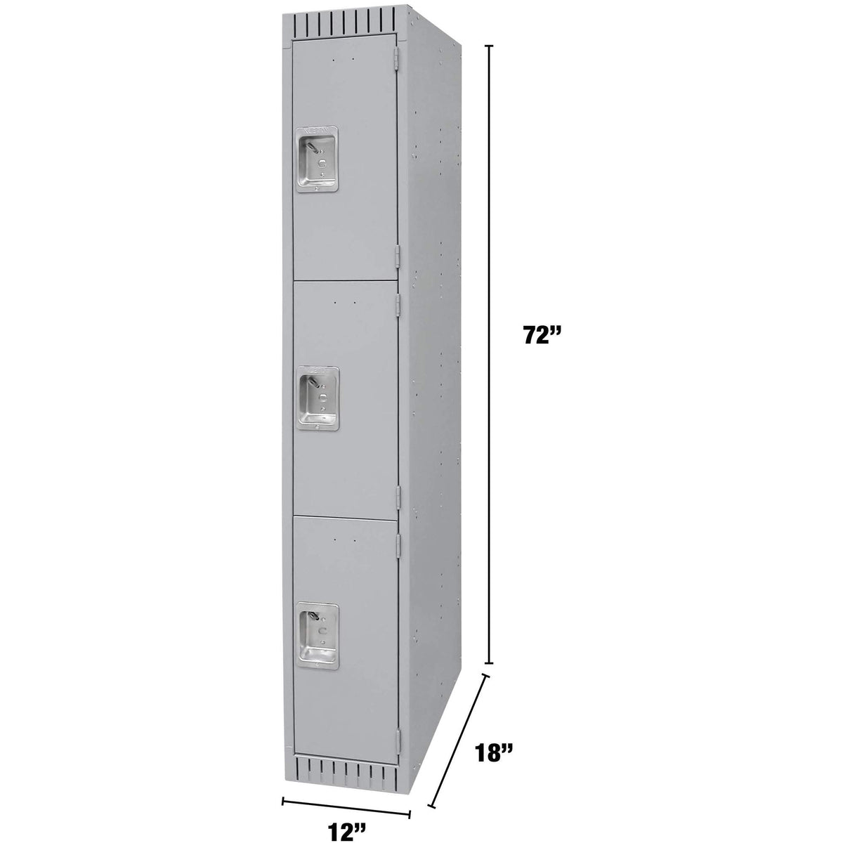 Lockers, 3 -tier, 12" x 18" x 72", Steel, Grey, Knocked Down