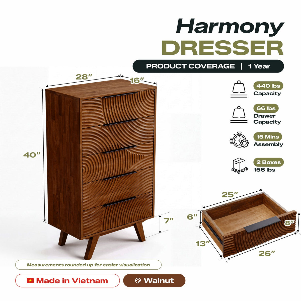 Harmony Solid Rubber Wood 5-Drawer Dresser