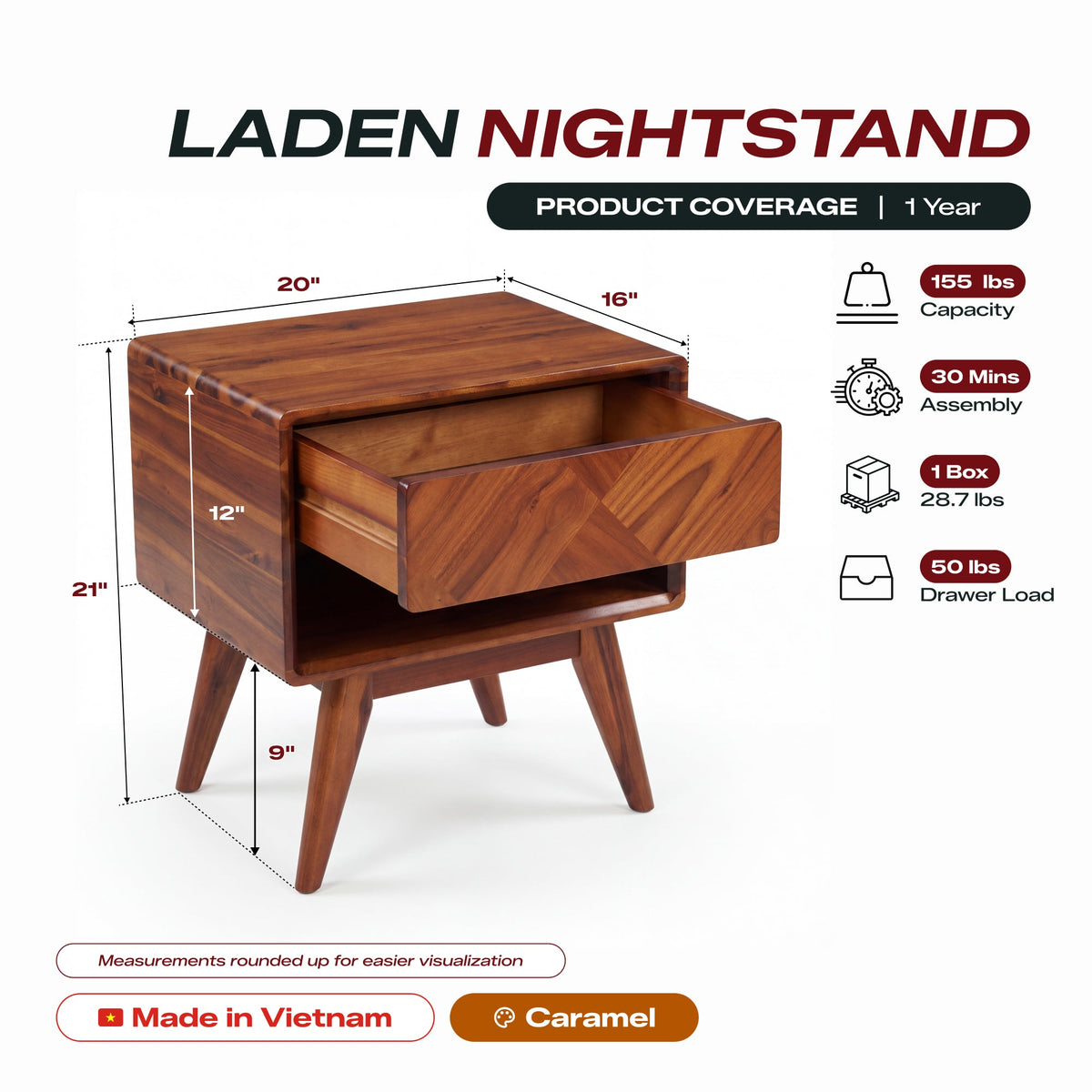 Laden Handcrafted Solid Acacia Wood Nightstand