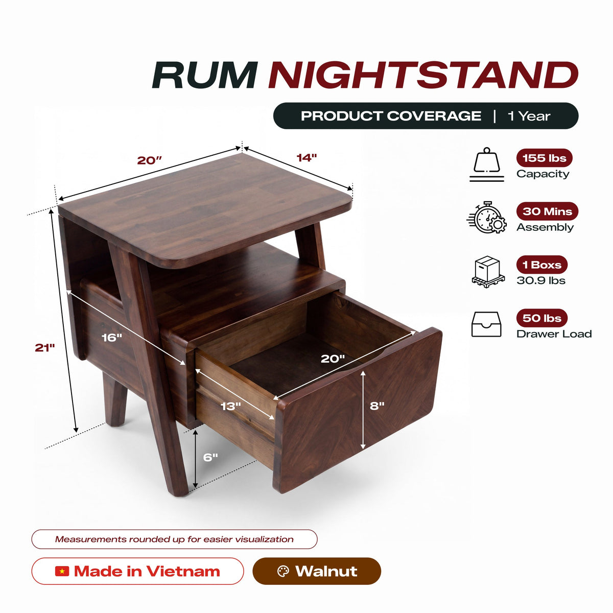 Rum Solid Acacia Wood Nightstand
