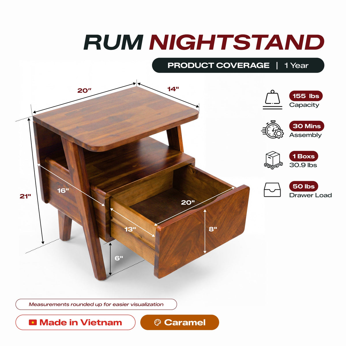 Rum Solid Acacia Wood Nightstand
