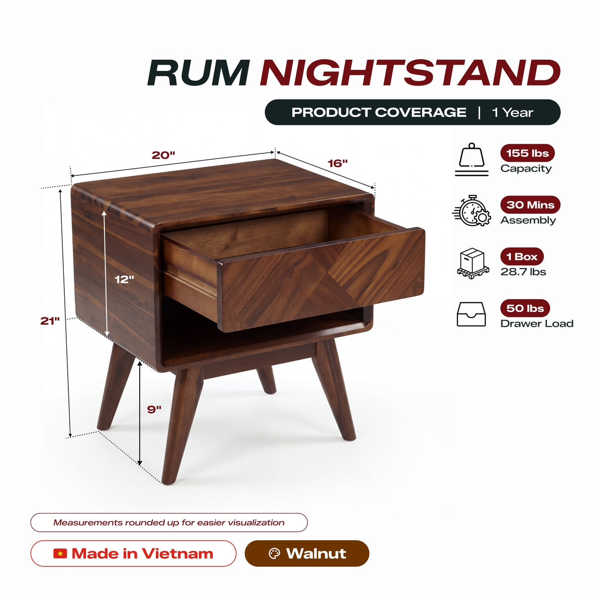 Laden Handcrafted Solid Acacia Wood Nightstand
