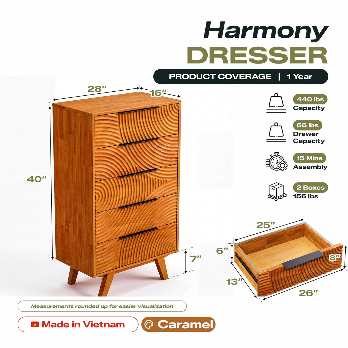 Harmony Solid Rubber Wood 5-Drawer Dresser