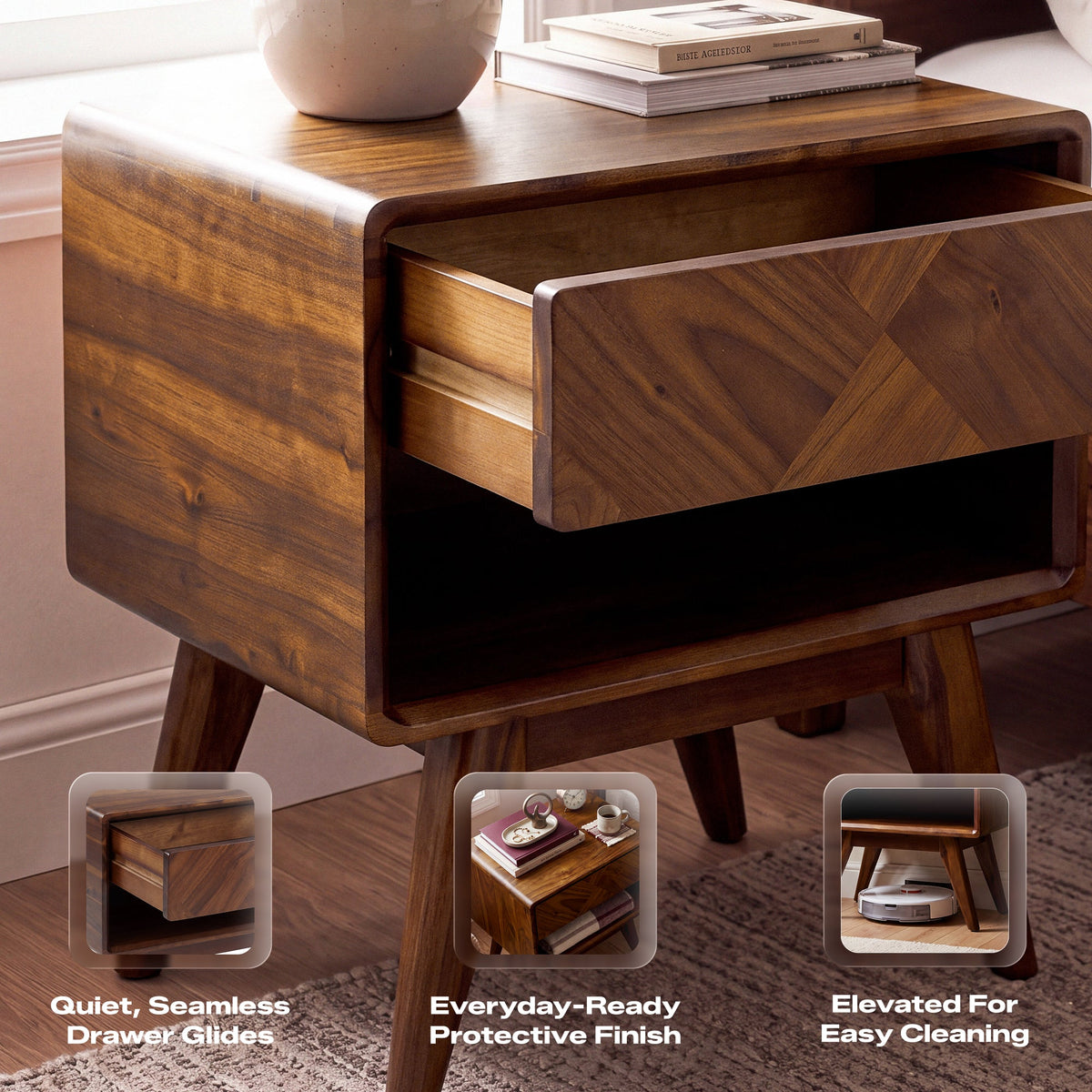 Laden Handcrafted Solid Acacia Wood Nightstand