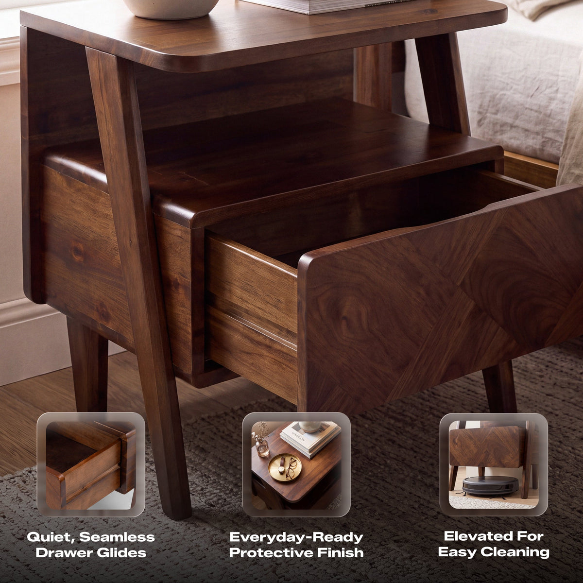 Rum Solid Acacia Wood Nightstand