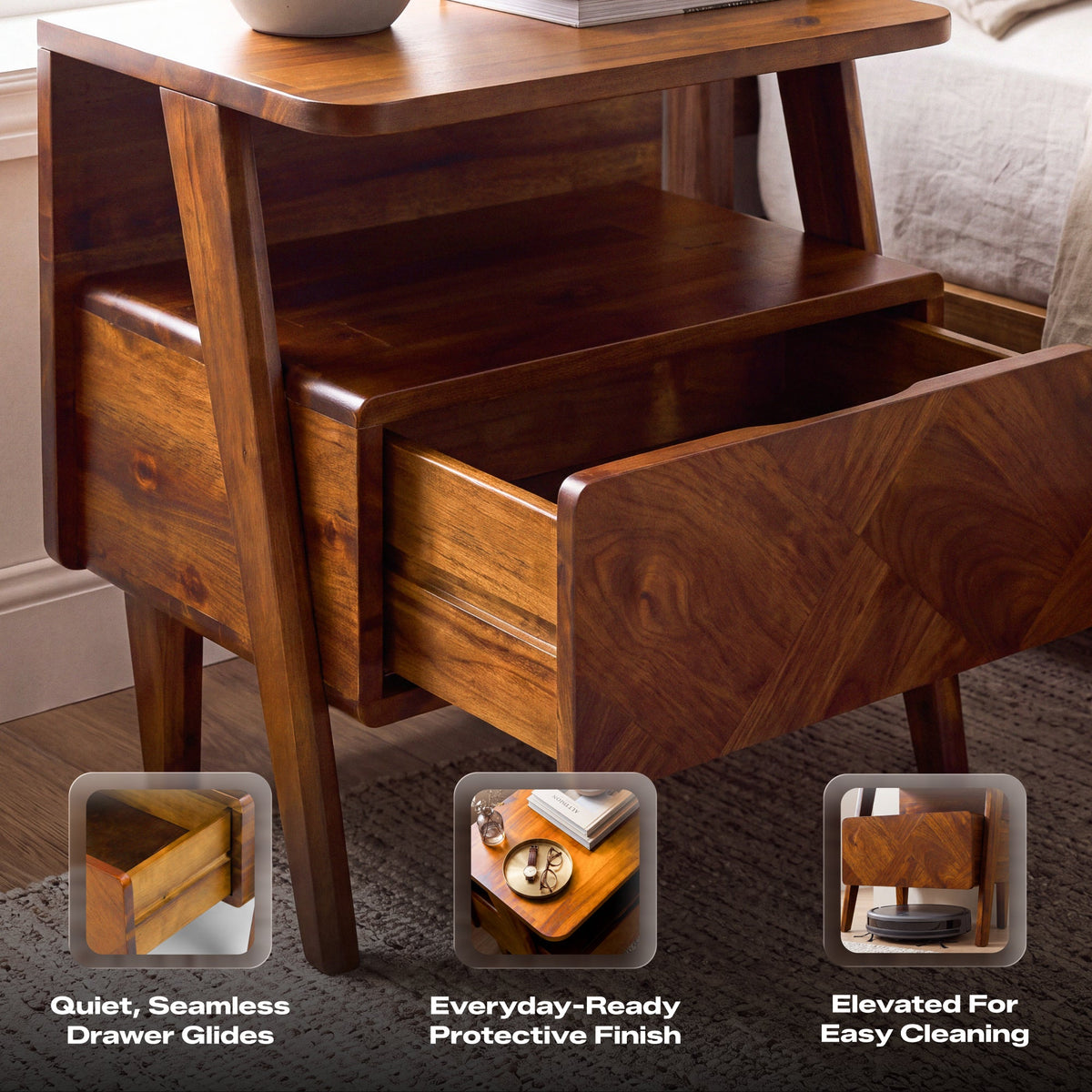 Rum Solid Acacia Wood Nightstand