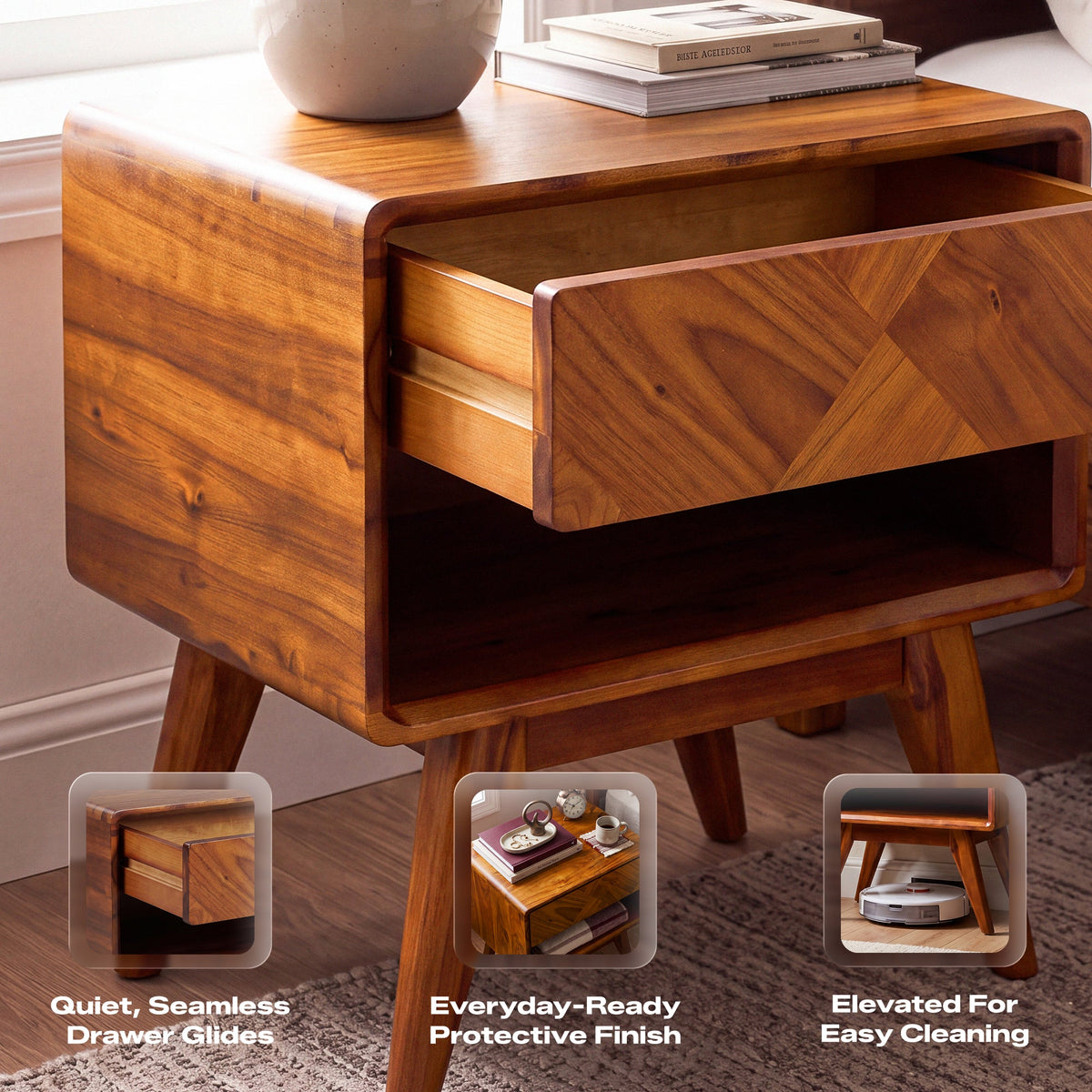 Laden Handcrafted Solid Acacia Wood Nightstand
