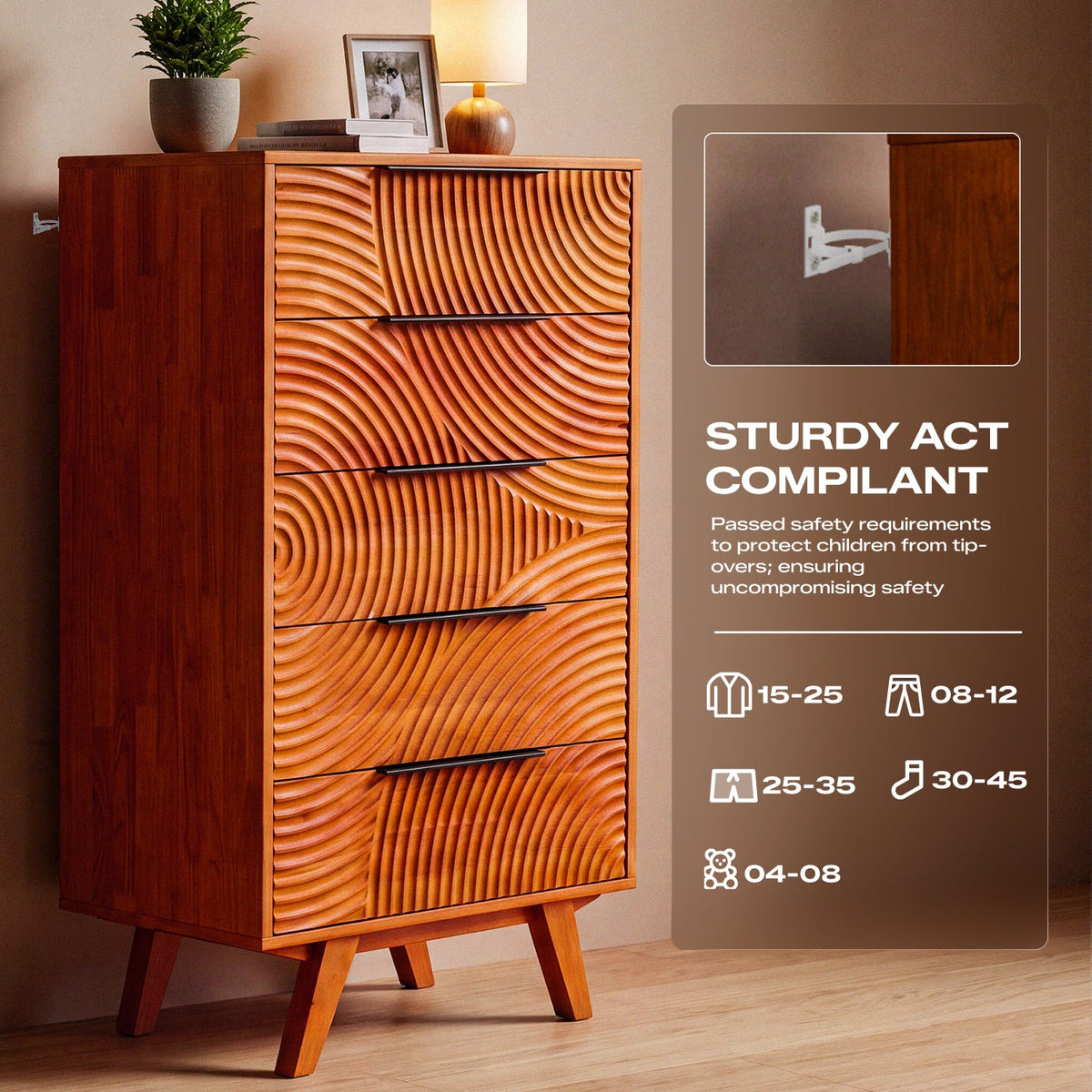 Harmony Solid Rubber Wood 5-Drawer Dresser