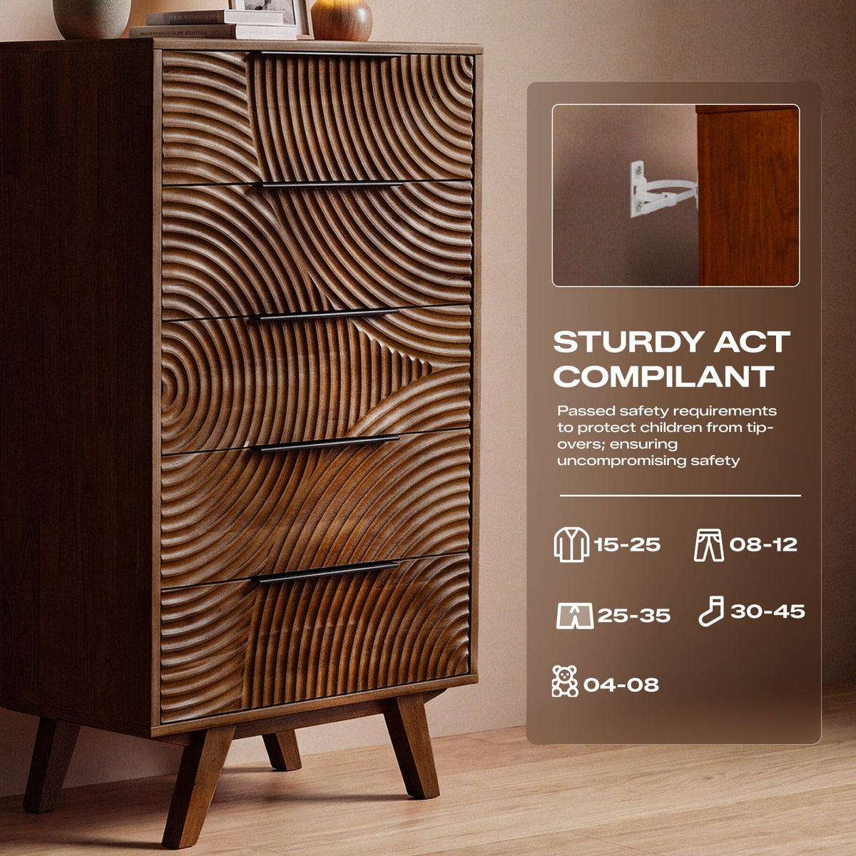 Harmony Solid Rubber Wood 5-Drawer Dresser