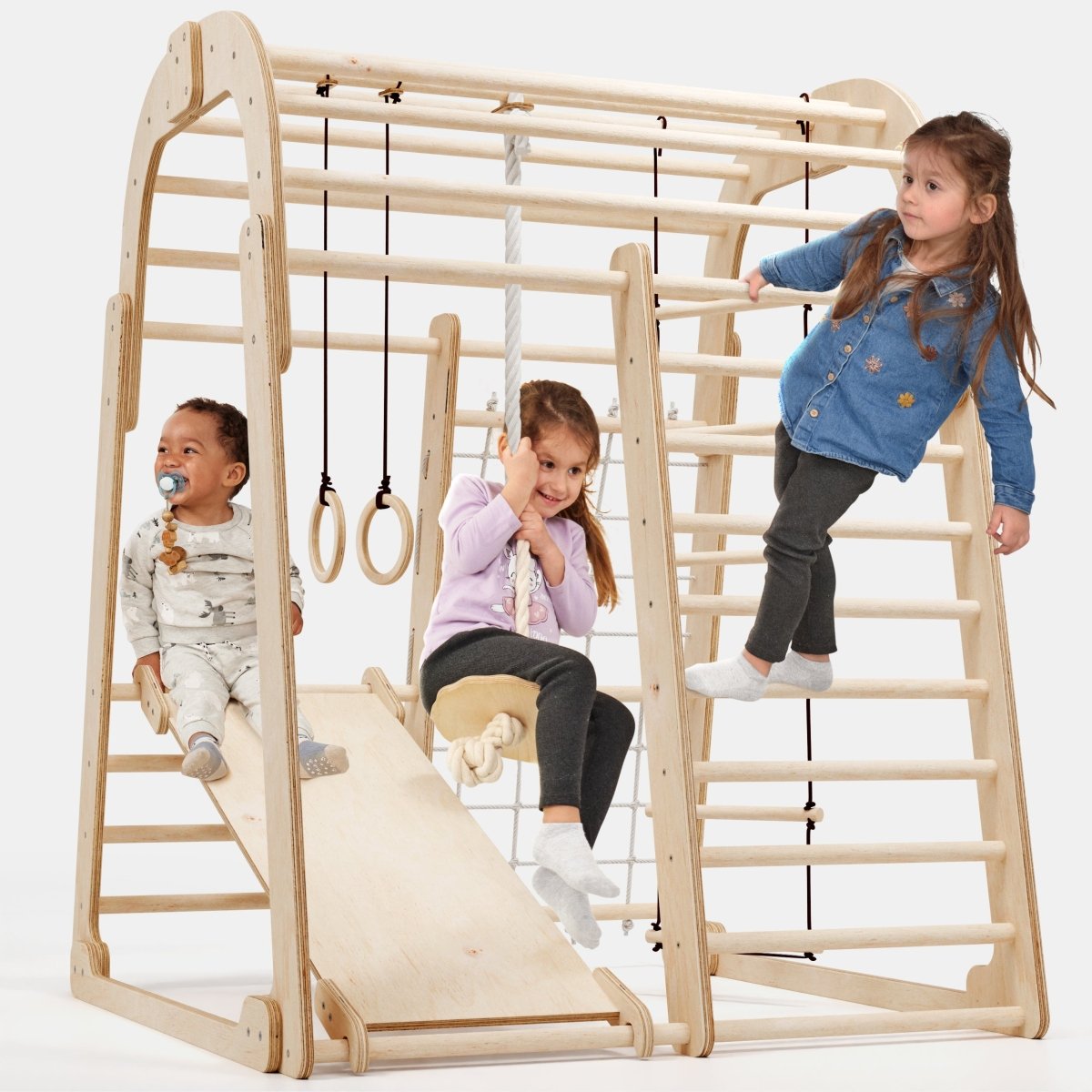 Goodevas 6-in-1 Indoor Wooden Playground with Swings & Slide