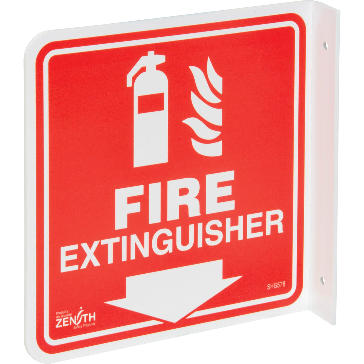 90° Projecting Fire Extinguisher Sign, 8" x 8", Plastic, English