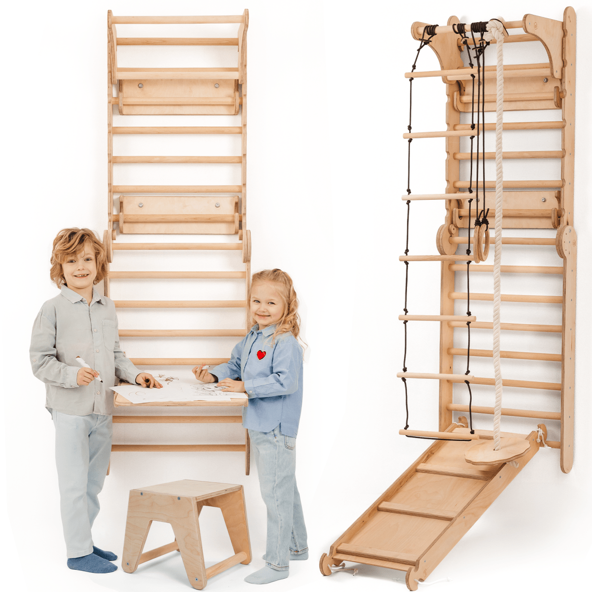 Goodevas 7-in-1 Swedish Wall Climbing Set with Swings & Art Add-On